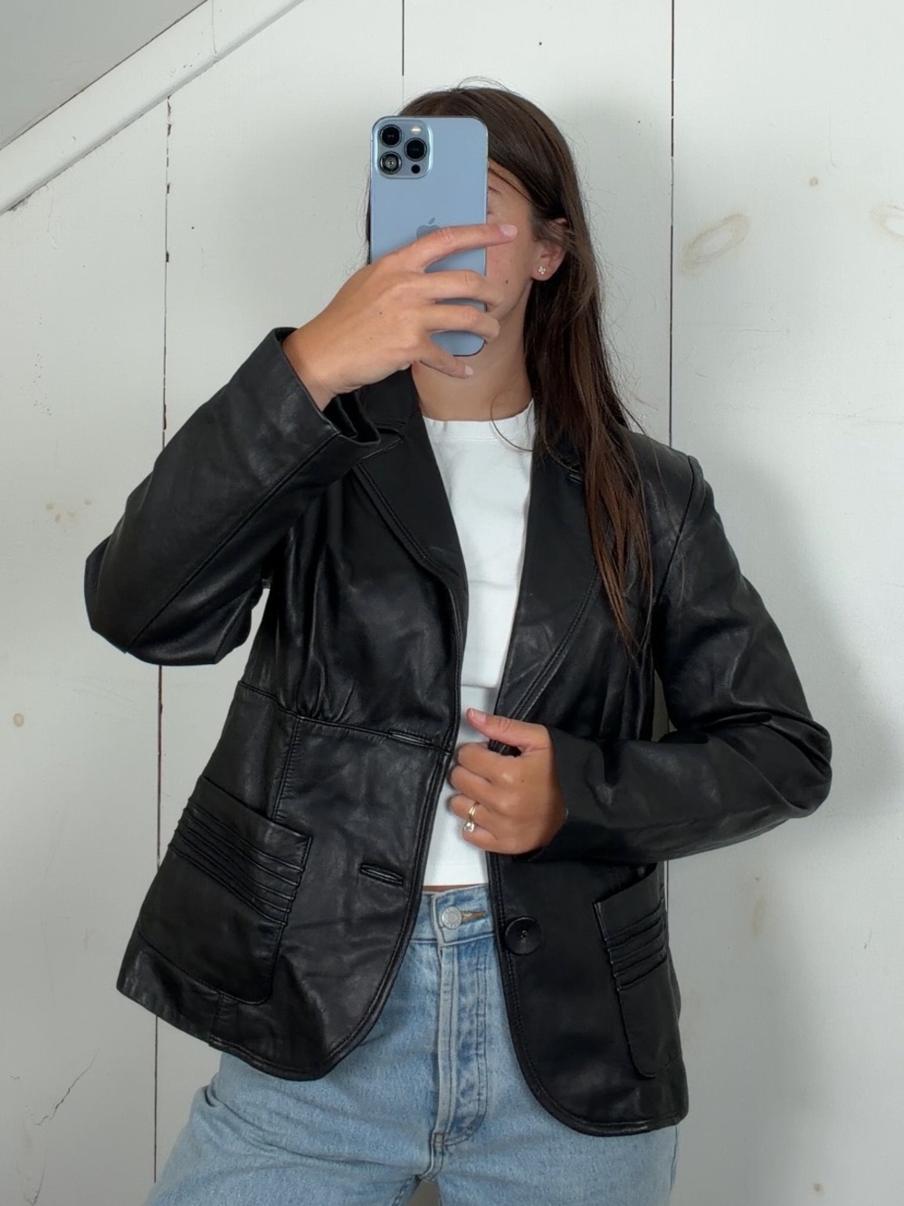 Nine West Black Leather Short Tailored Blazer Jacket Women’s Size Medium Y2K